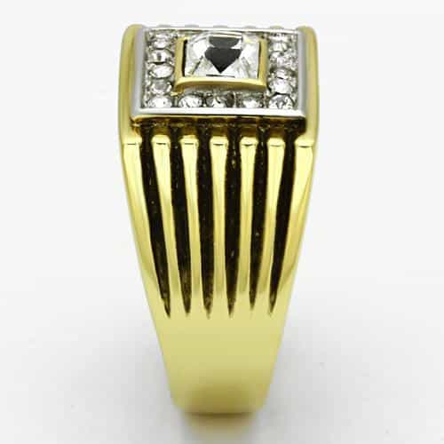 Stainless Steel Gold IP CZ Princess Square Ribbed Halo Mens Ring view 8