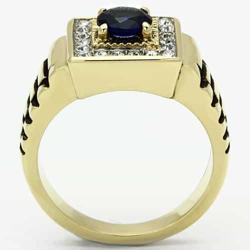 Stainless Steel Gold IP CZ Round Sapphire Pave Square Mens Ring view 6