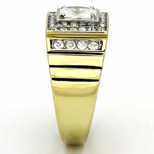 Stainless Steel Gold IP CZ Oval Clear Pave Ribbed Square Ring view 8