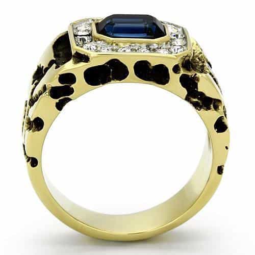 Stainless Steel Gold IP CZ Emerald Cut Sapphire Nugget Ring view 6