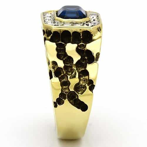 Stainless Steel Gold IP CZ Emerald Cut Sapphire Nugget Ring view 8