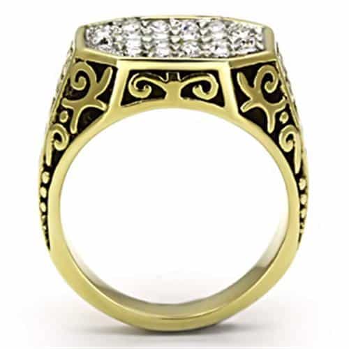 Stainless Steel Gold IP CZ Cluster Pave Scroll Side Square Ring view 6