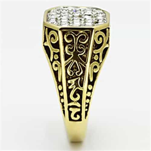 Stainless Steel Gold IP CZ Cluster Pave Scroll Side Square Ring view 8