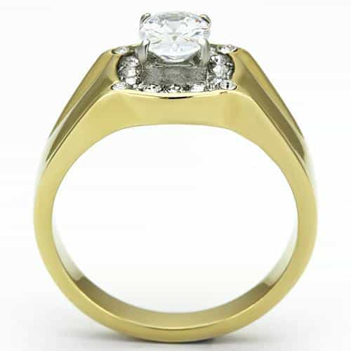 Stainless Steel Gold IP CZ Oval Clear Halo Square Mens Ring view 6