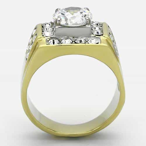 Stainless Steel Gold IP CZ Round Clear Large Pave Square Ring view 6