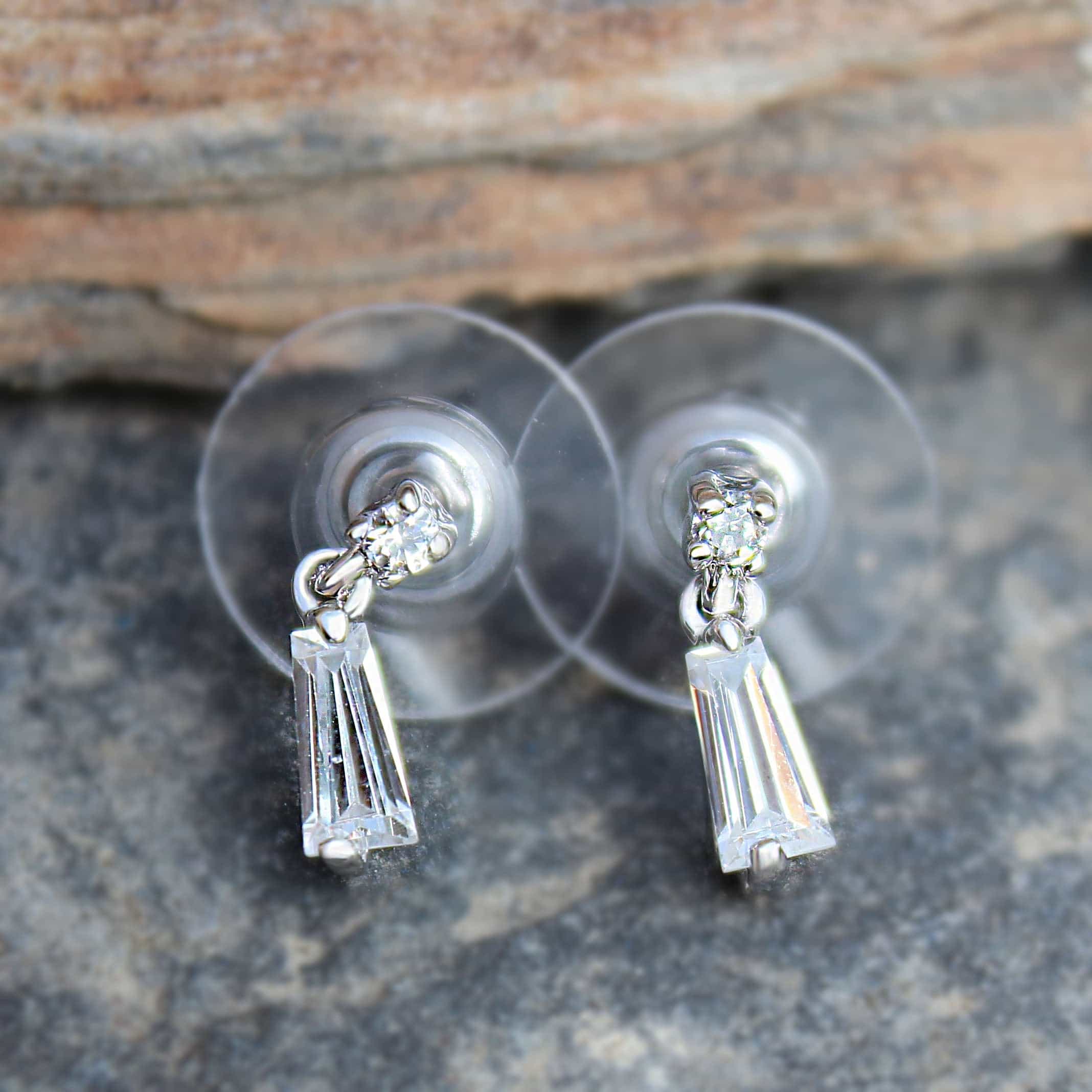 Brass Silver CZ Baguette Stud Earrings | The Stainless Jewelry view 2