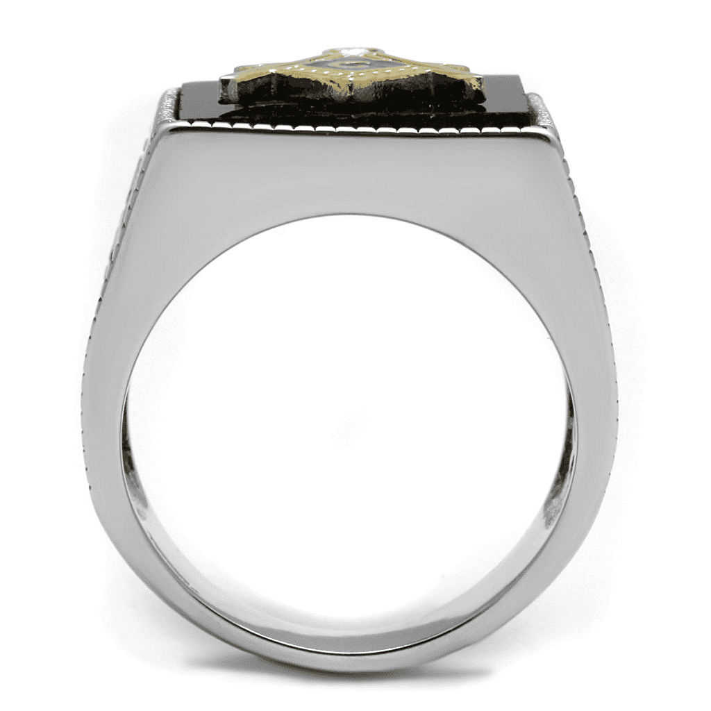 Stainless Steel Antiqued Silver Black Onyx Enamel Masonic Ring view 4