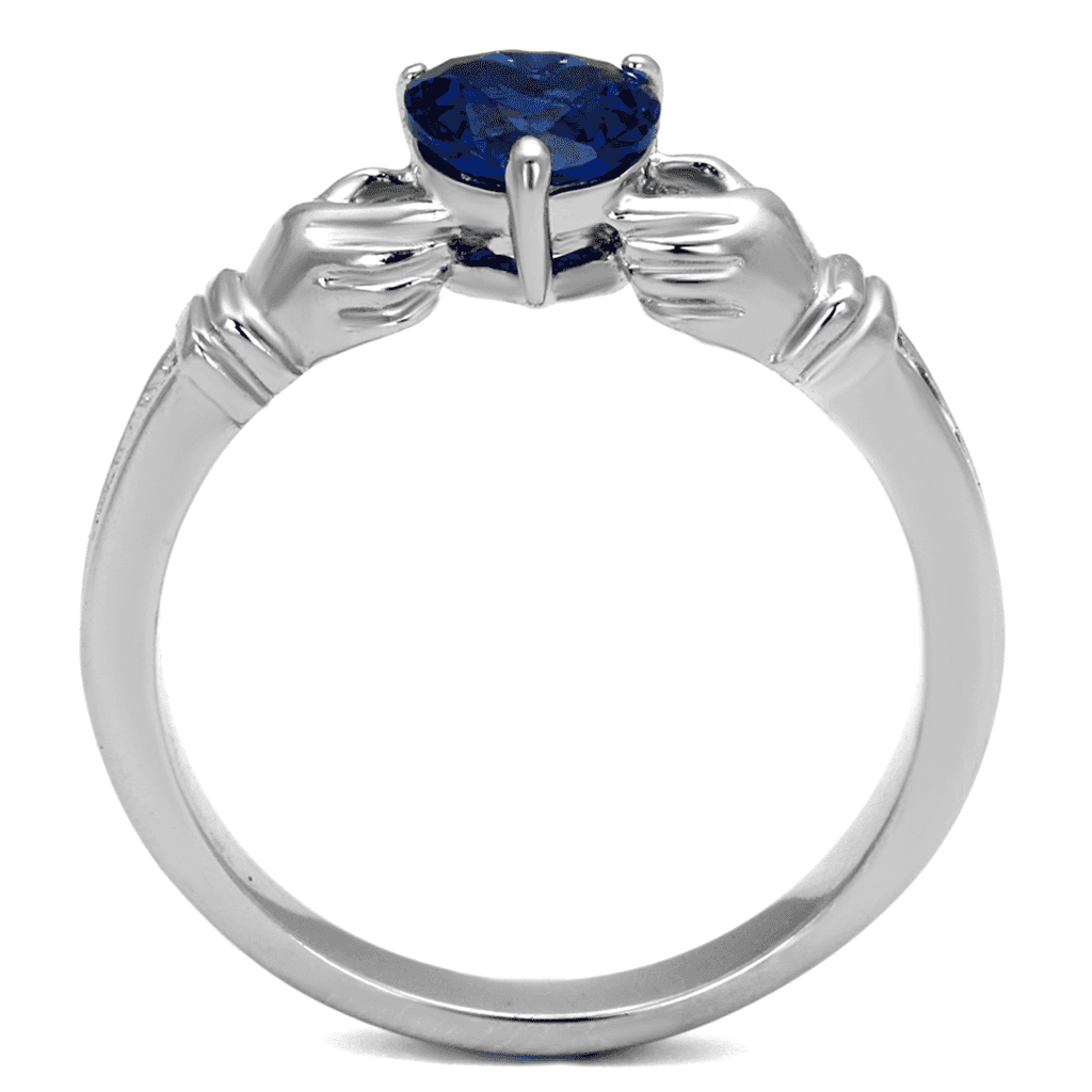 Stainless Steel Blue Sapphire Heart Claddagh CZ Crown Ring view 3