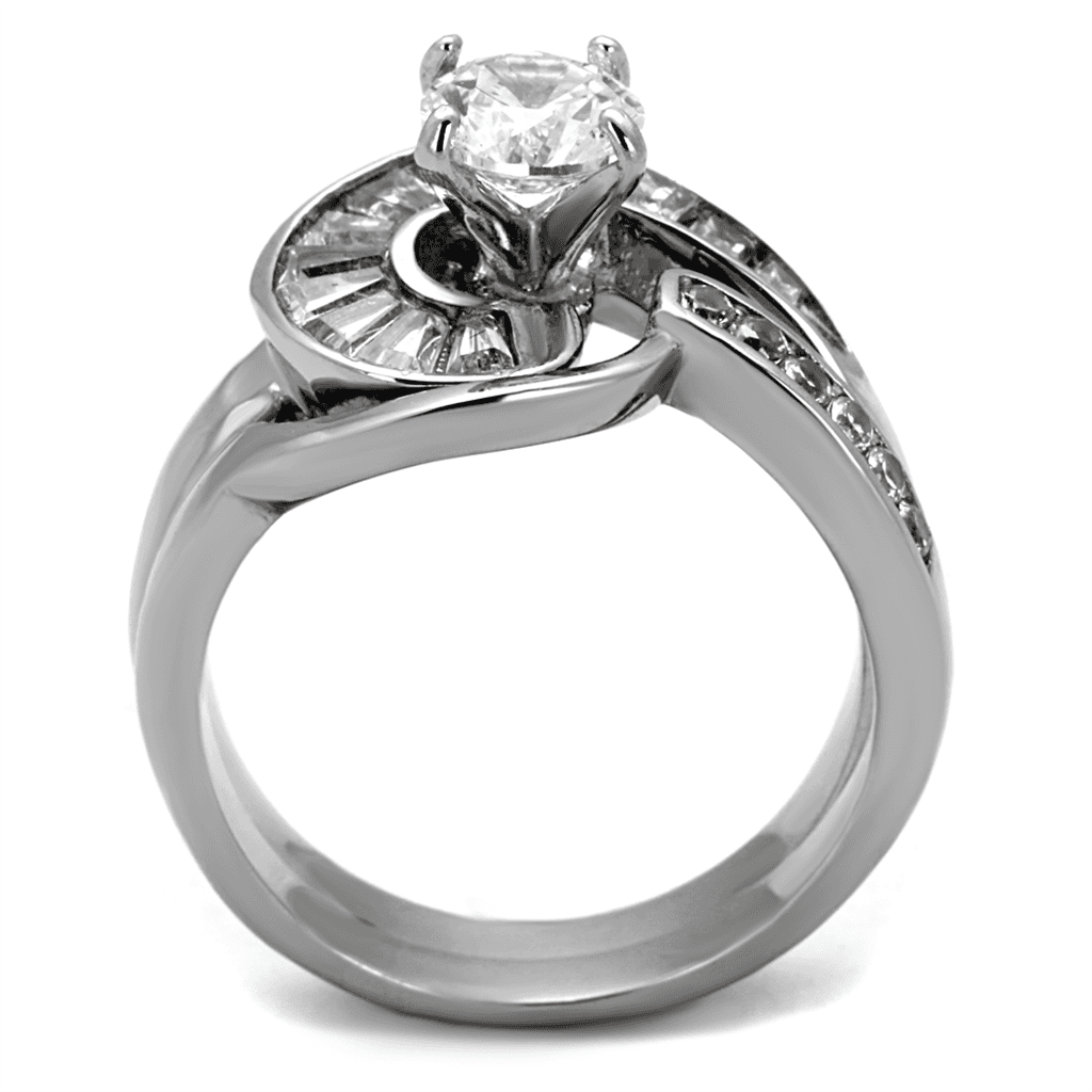 Stainless Steel CZ Round Baguette Swirl Wide Bridal Ring view 7