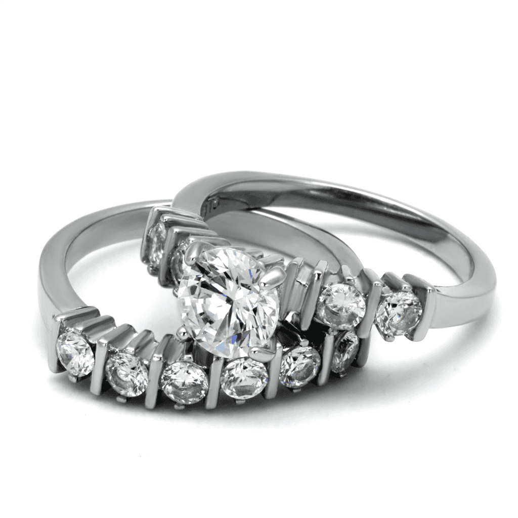 Stainless Steel CZ Round Princess Baguette Bridal Stack Ring view 9
