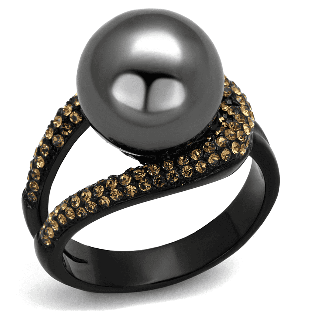 Stainless Steel Black IP Gray Pearl Champagne CZ Halo Ring view 1