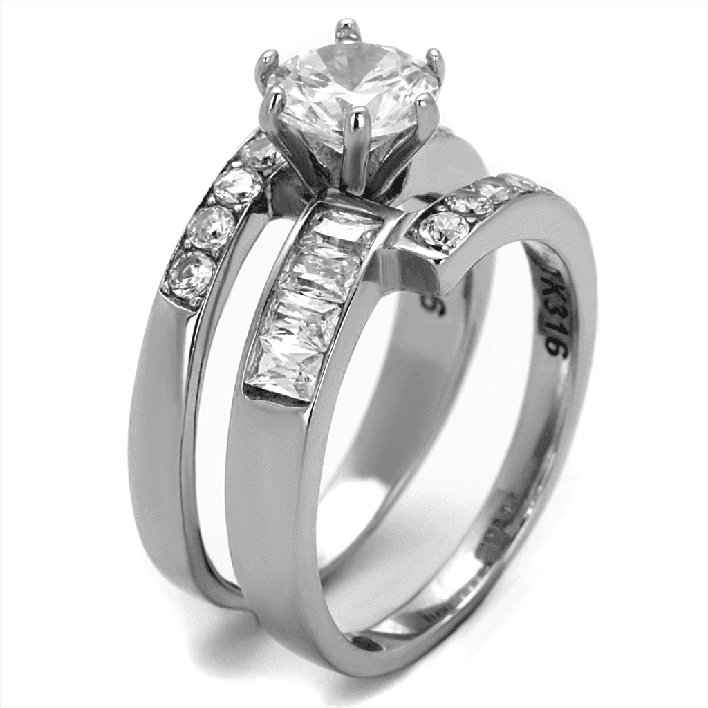 Stainless Steel CZ Round Baguette Channel Wide Bridal Ring view 4