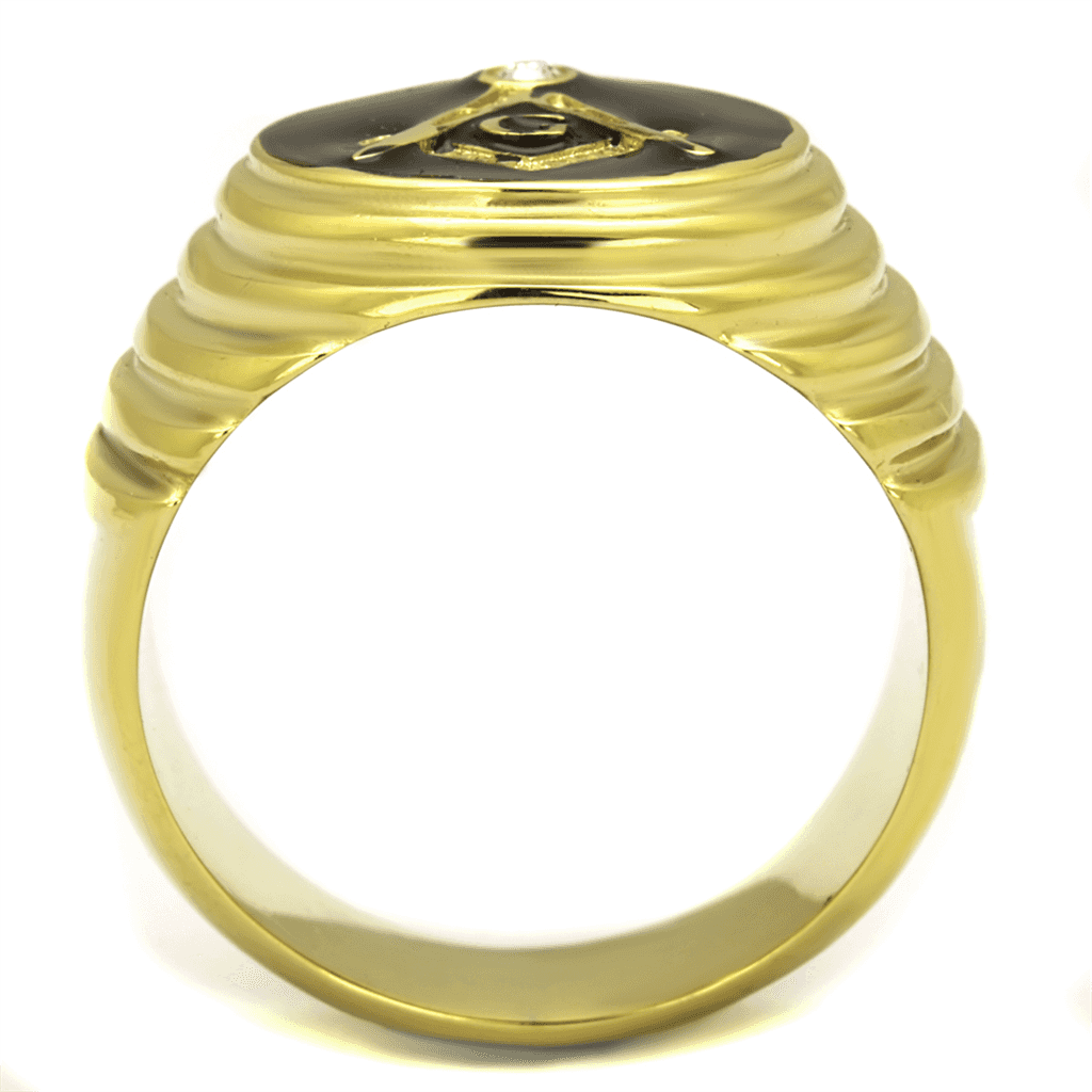 Stainless Steel Gold IP Masonic Compass Ribbed Dome Signet Ring view 7