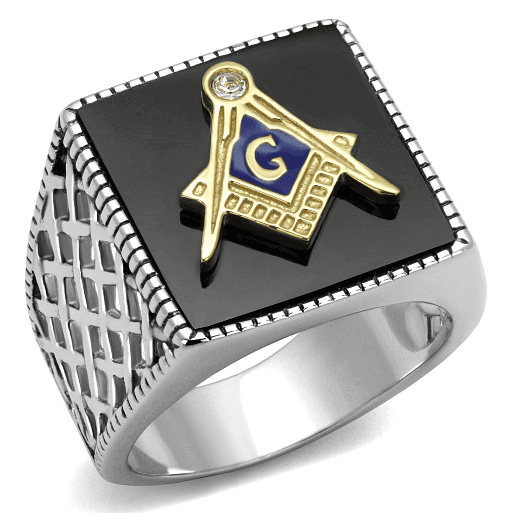 Stainless Steel Antiqued Silver Black Onyx Enamel Masonic Ring view 1