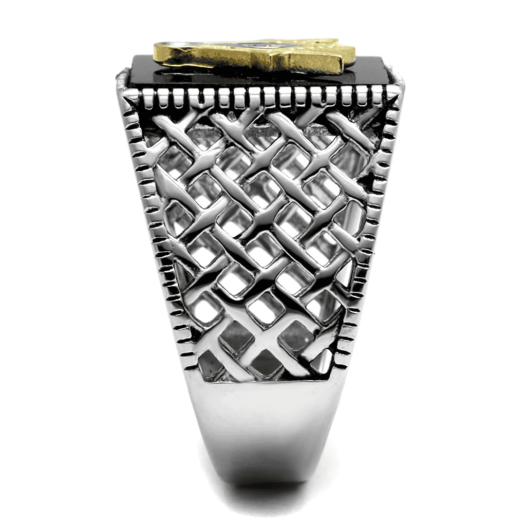 Stainless Steel Antiqued Silver Black Onyx Enamel Masonic Ring view 5