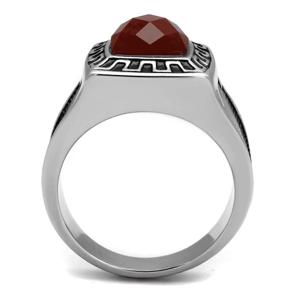 Stainless Steel Antiqued Silver Red Jasper Square Greek Key Ring view 5