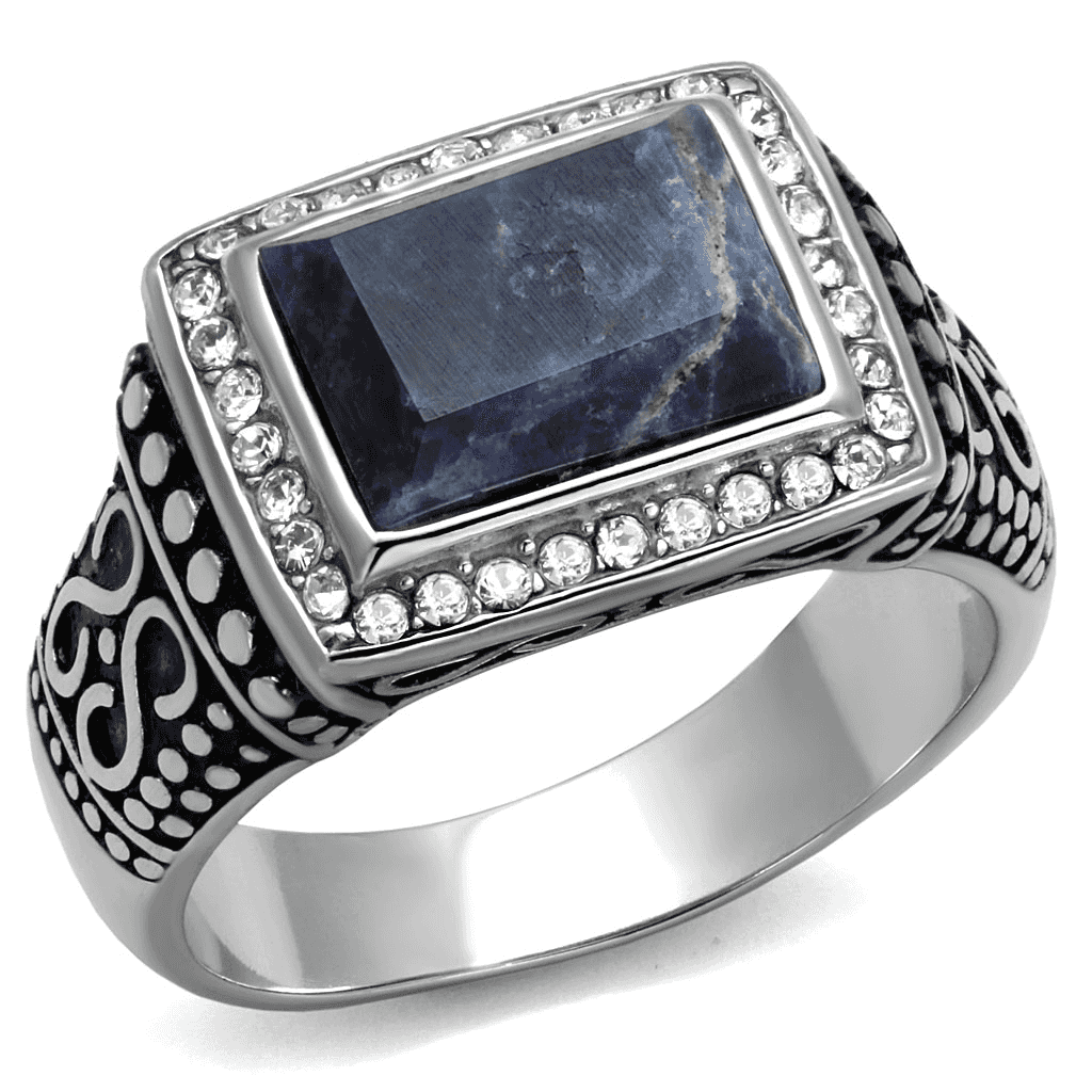 Stainless Steel Antiqued Silver Lapis Blue Stone Square CZ Ring view 10