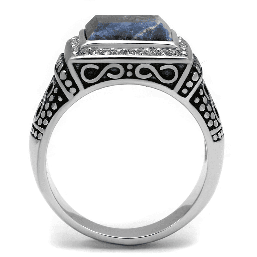 Stainless Steel Antiqued Silver Lapis Blue Stone Square CZ Ring view 5