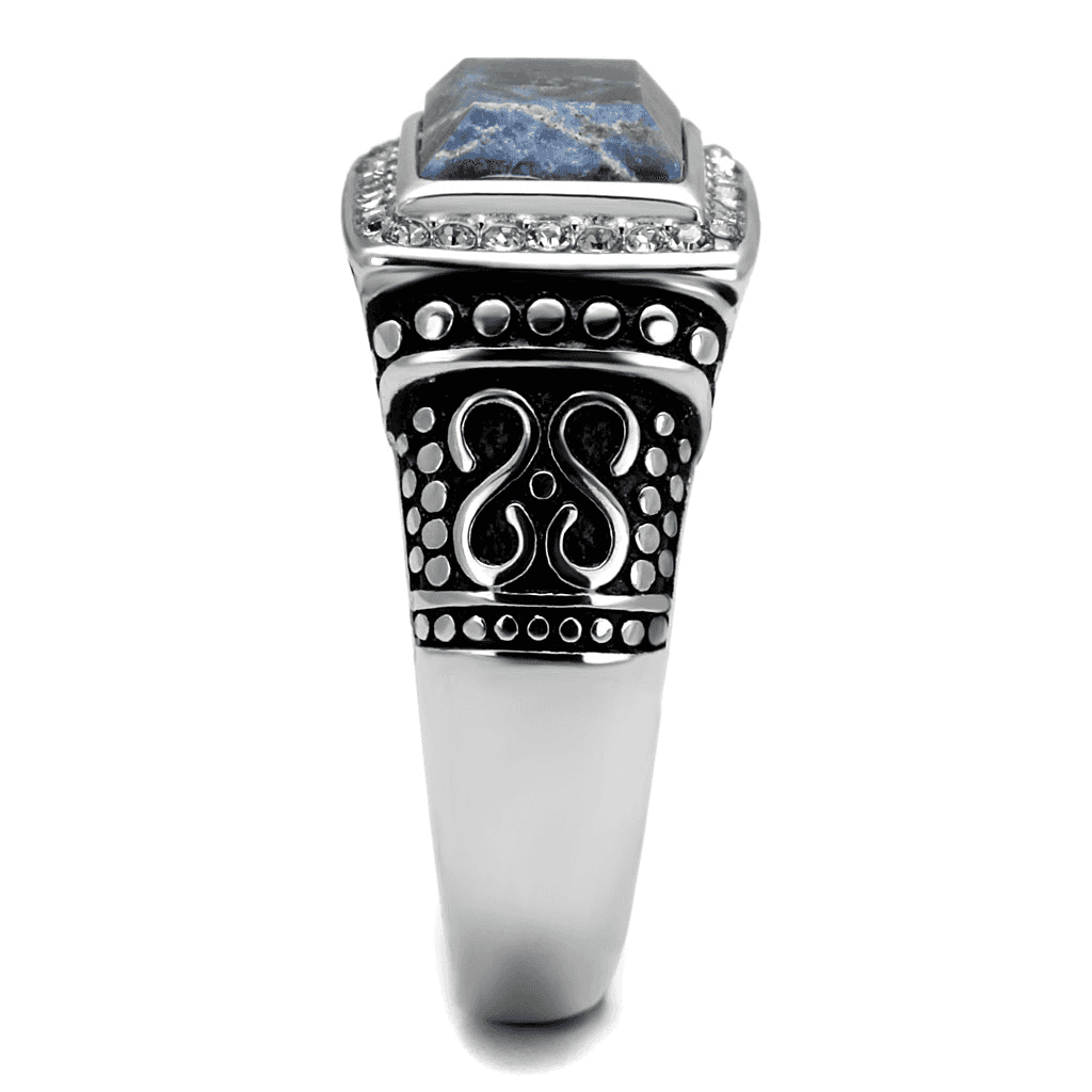 Stainless Steel Antiqued Silver Lapis Blue Stone Square CZ Ring view 7