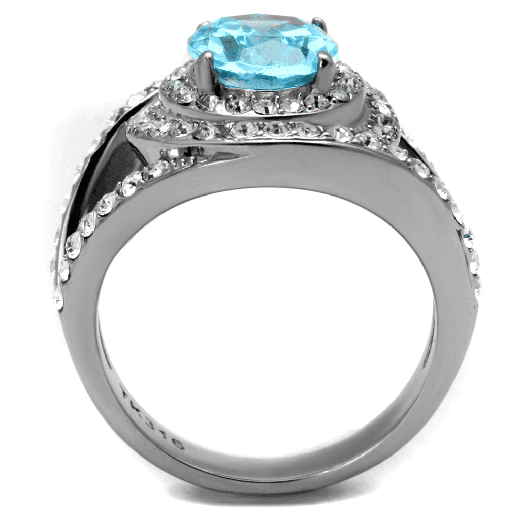 Stainless Steel Aquamarine Blue CZ Cushion Double Halo Pave Ring view 5