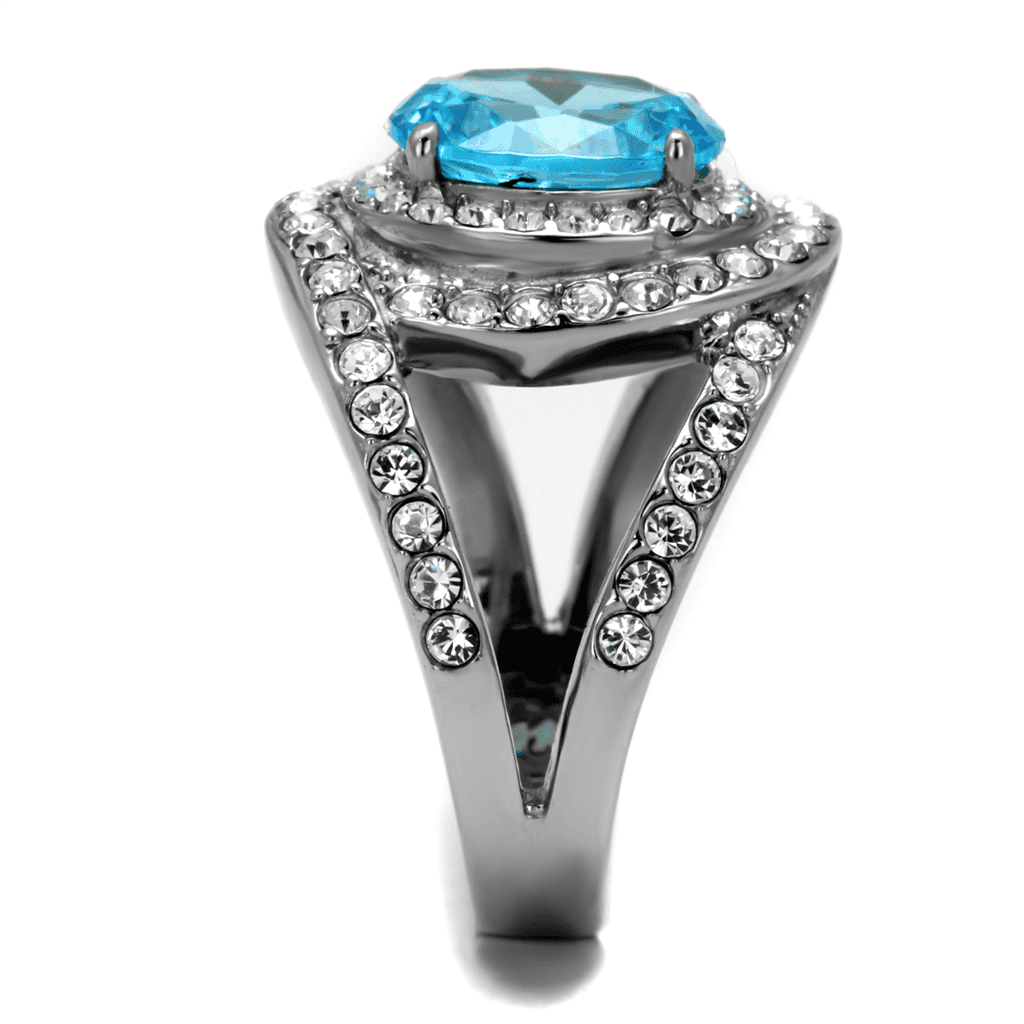 Stainless Steel Aquamarine Blue CZ Cushion Double Halo Pave Ring view 7
