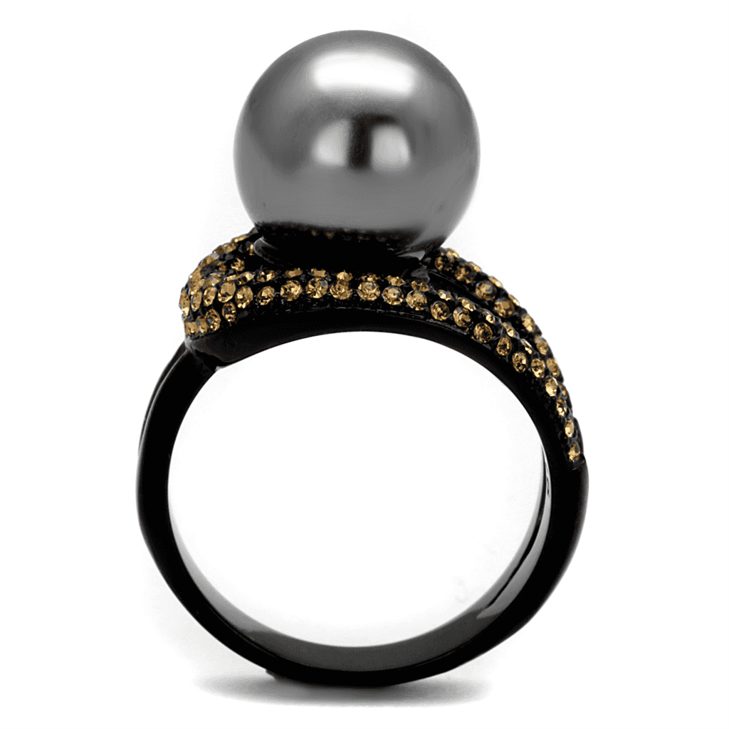 Stainless Steel Black IP Gray Pearl Champagne CZ Halo Ring view 3