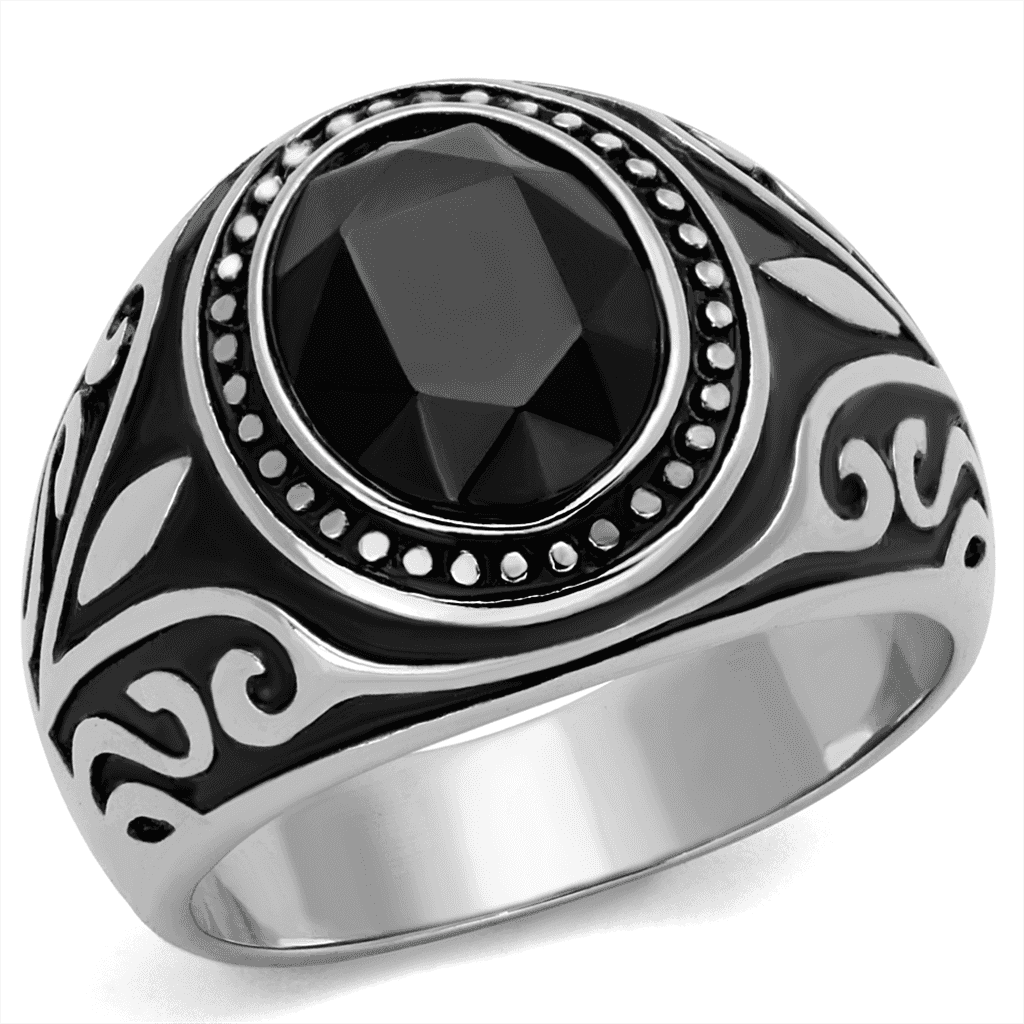 Stainless Steel Black Onyx Oval Tribal Scroll Mens Signet Ring view 1