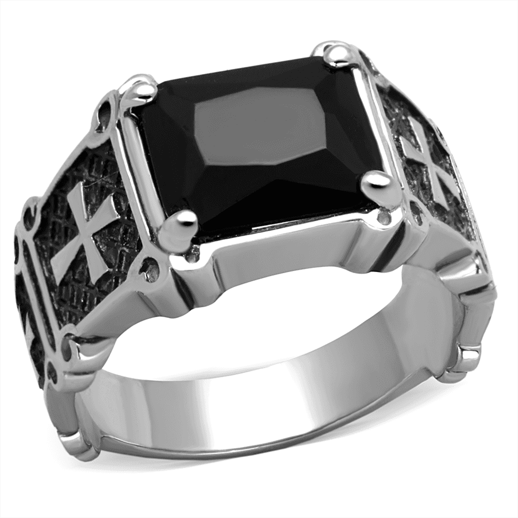 Stainless Steel Black Onyx Emerald Cut Cross Detail Mens Ring view 1