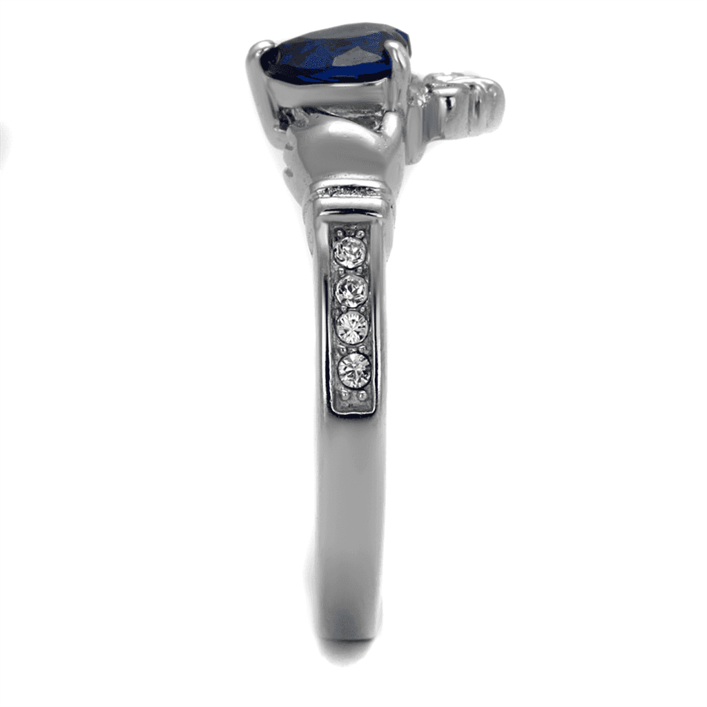 Stainless Steel Blue Sapphire Heart Claddagh CZ Crown Ring view 4