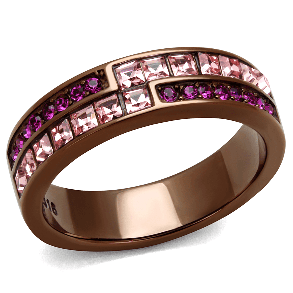 Stainless Steel Coffee Brown IP Fuchsia Pink CZ Princess Ring view 1