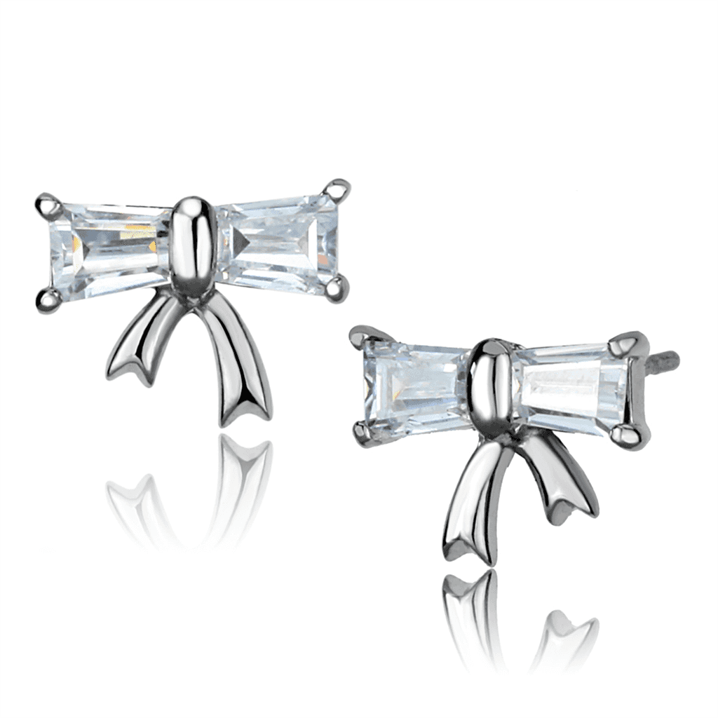 Stainless Steel CZ Baguette Bow Ribbon Stud Earrings view 1