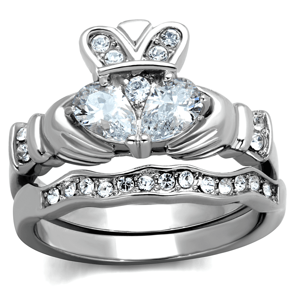 Stainless Steel CZ Claddagh Heart Crown Pave Bridal Set Ring view 1