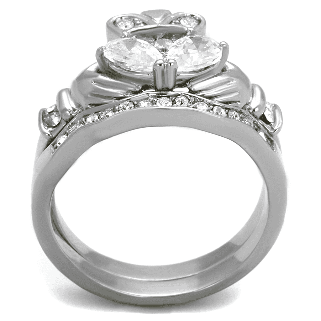 Stainless Steel CZ Claddagh Heart Crown Pave Bridal Set Ring view 5