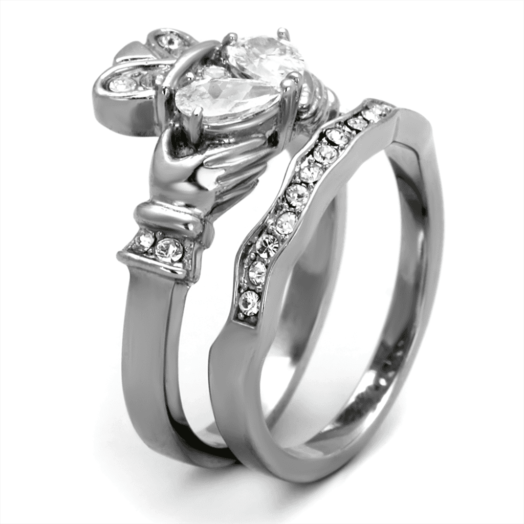 Stainless Steel CZ Claddagh Heart Crown Pave Bridal Set Ring view 7