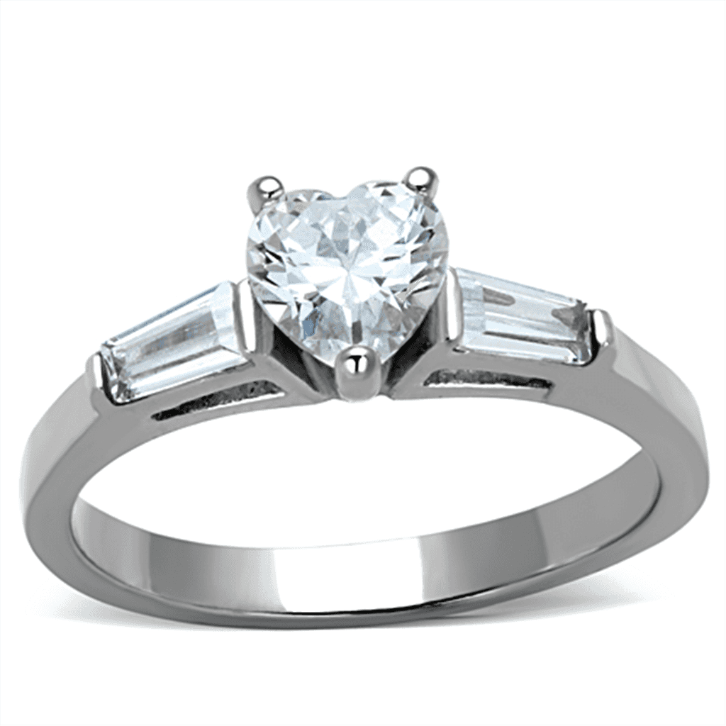Stainless Steel CZ Heart Solitaire Baguette Accent Ring view 1