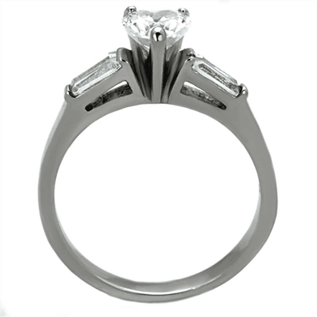 Stainless Steel CZ Heart Solitaire Baguette Accent Ring view 3