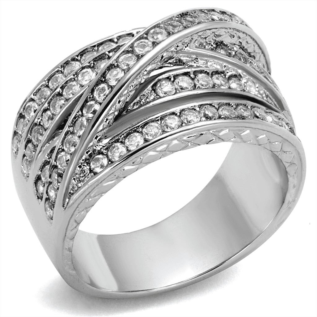 Stainless Steel CZ Multi Row Pave Wide Crossover Band Ring view 1
