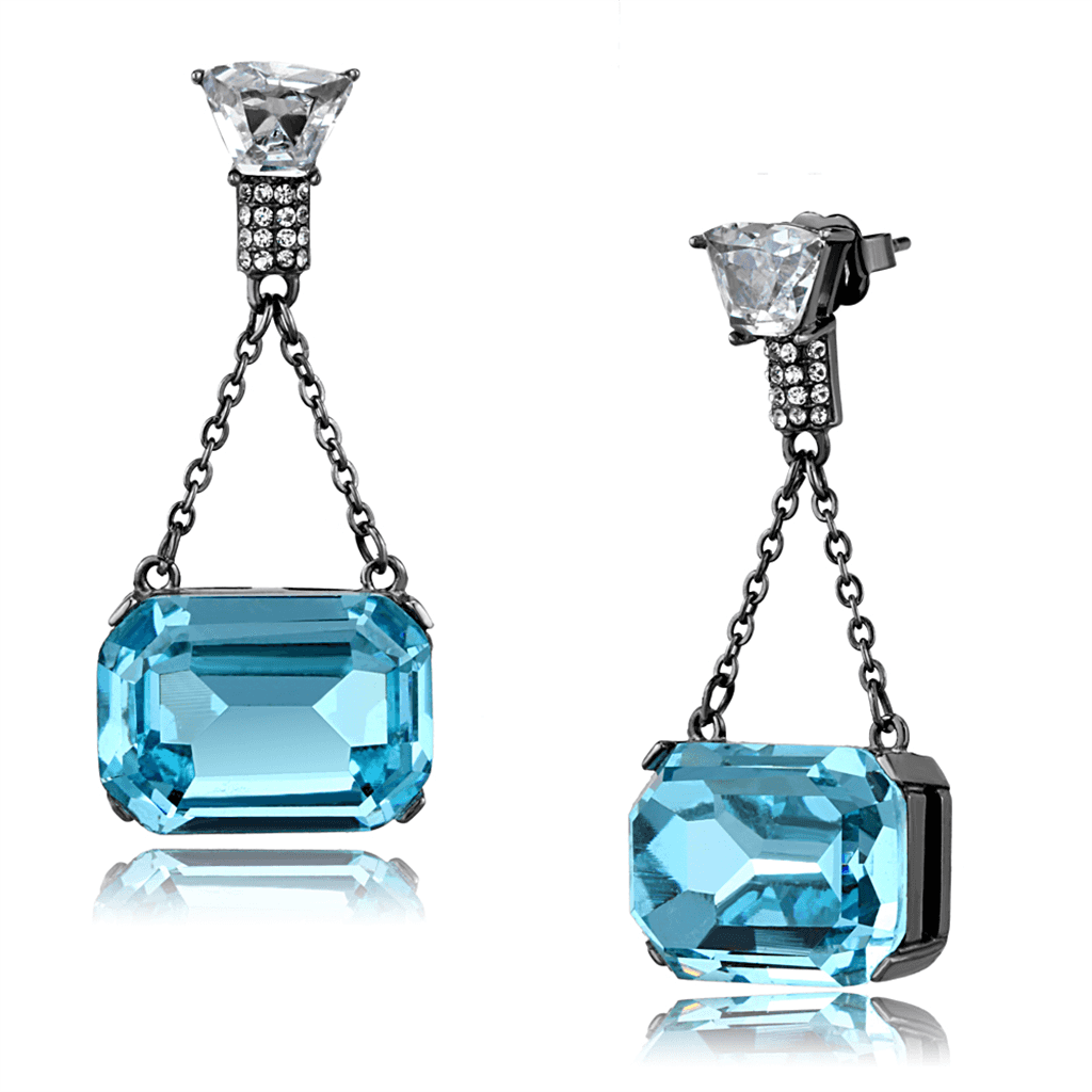 Stainless Steel CZ Pave Aquamarine Emerald Cut Chain Earrings view 1