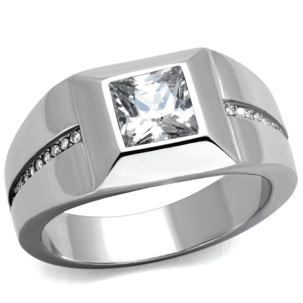 Stainless Steel CZ Princess Bezel Mens Signet Ring view 1