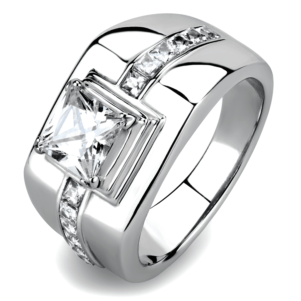 Stainless Steel CZ Princess Cut Square Halo Pave Ring view 1