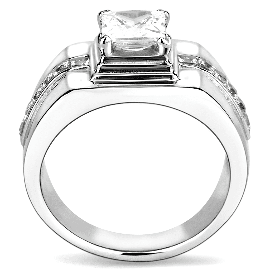Stainless Steel CZ Princess Cut Square Halo Pave Ring view 5