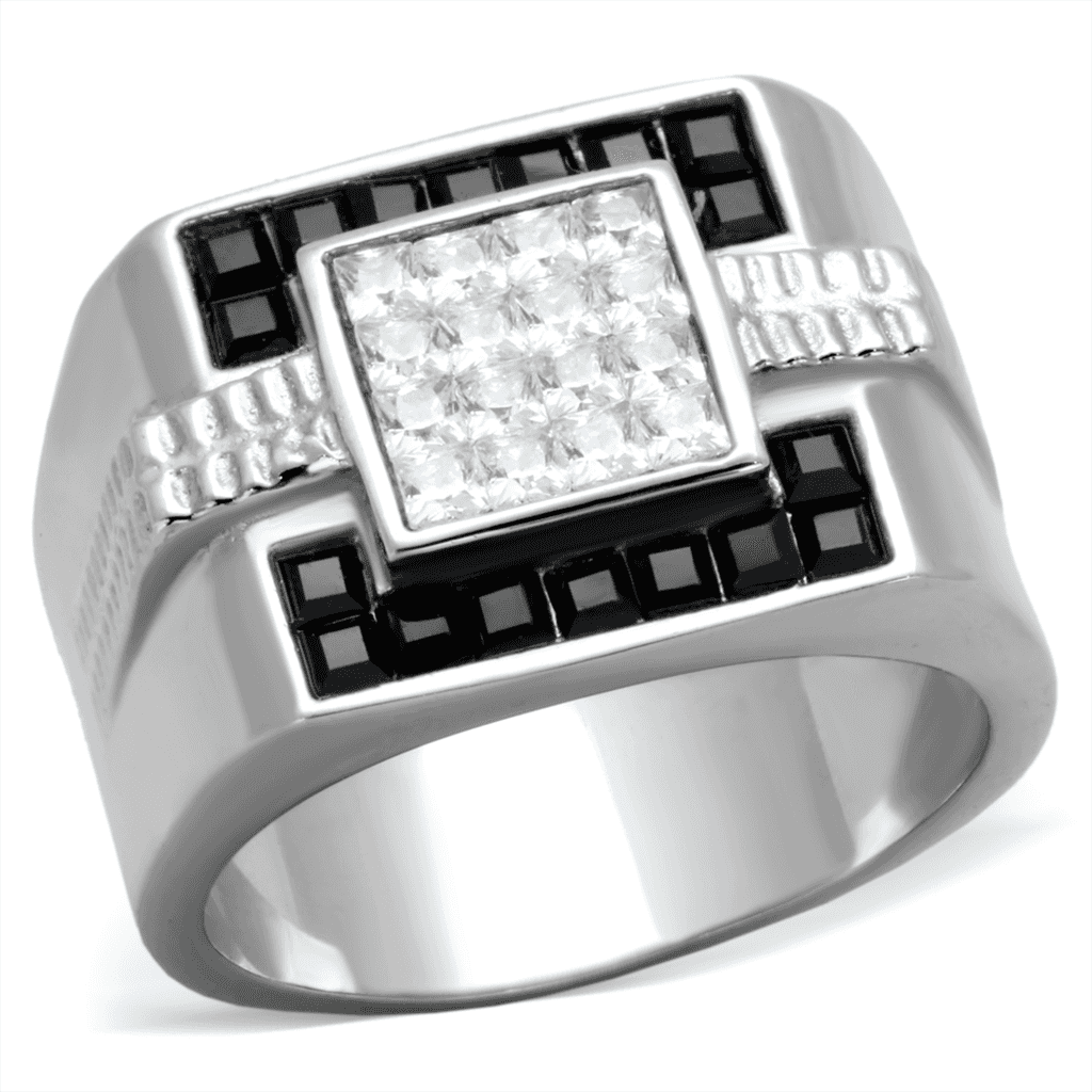 Stainless Steel CZ Princess Black Onyx Baguette Mens Signet Ring view 1