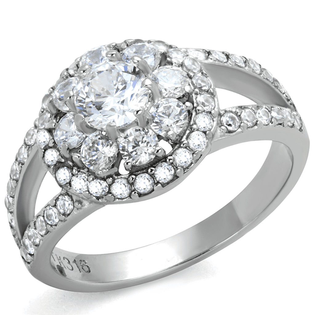 Stainless Steel CZ Round Double Halo Split Shank Ring view 1