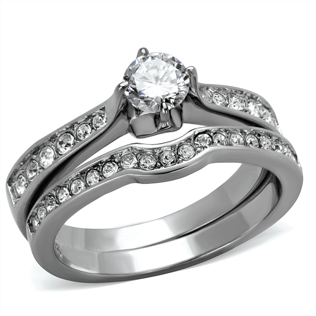 Stainless Steel CZ Round Halo Cathedral Bridal Ring view 5