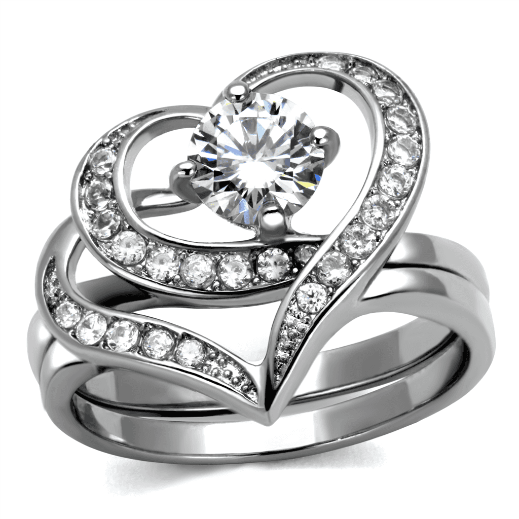 Stainless Steel CZ Round Pave Heart Open Bridal Ring view 1