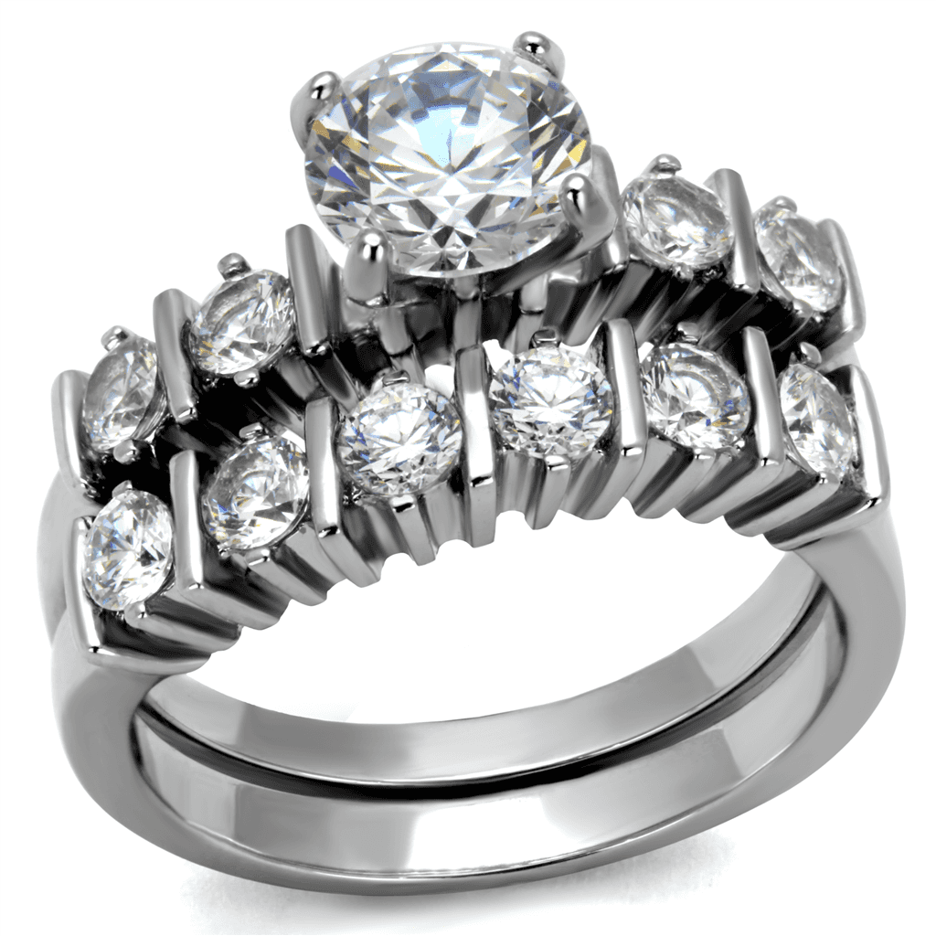Stainless Steel CZ Round Princess Baguette Bridal Stack Ring view 1