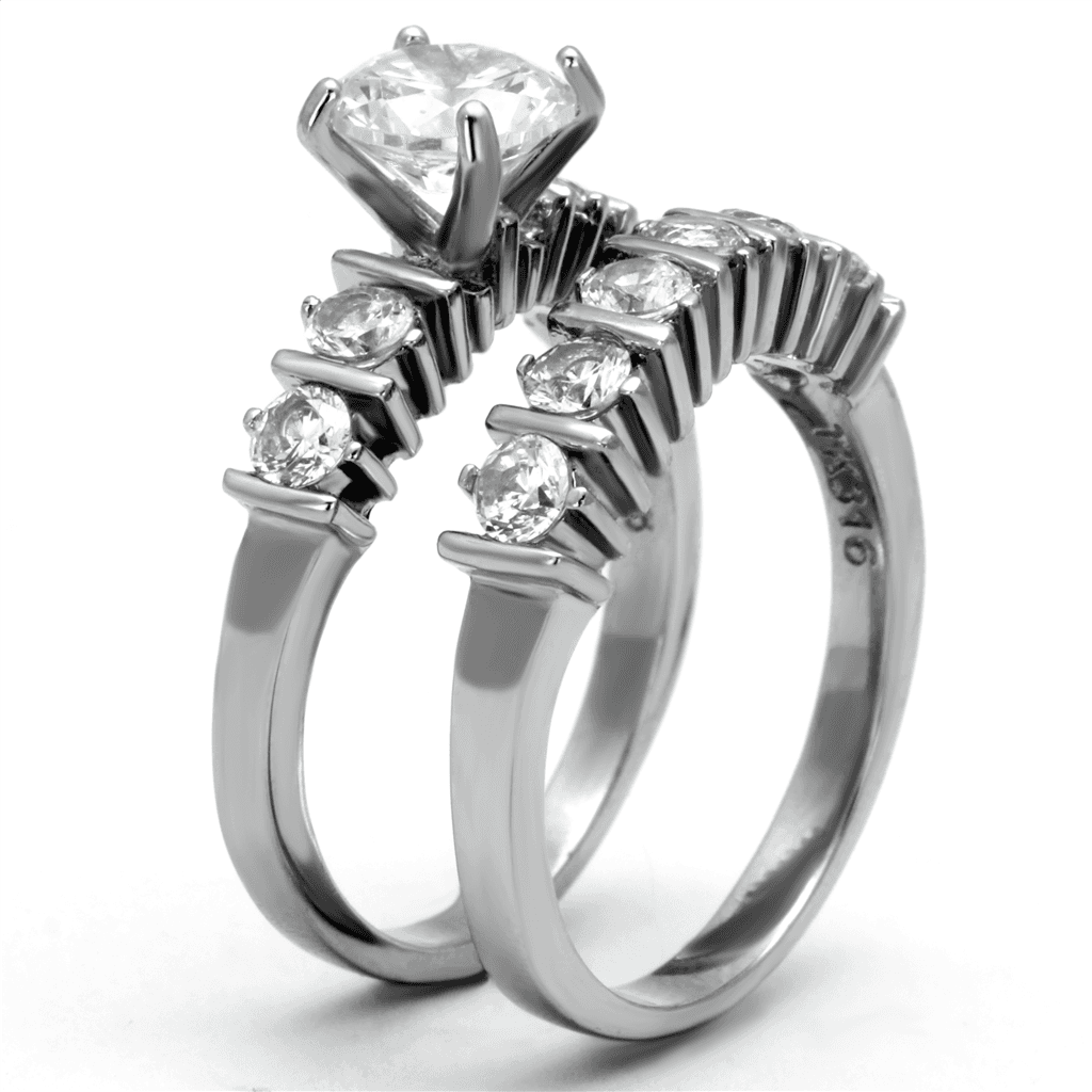 Stainless Steel CZ Round Princess Baguette Bridal Stack Ring view 7