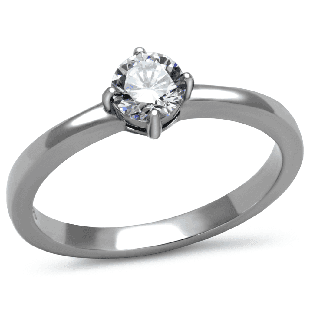 Stainless Steel CZ Round Solitaire Thin Band Ring view 1