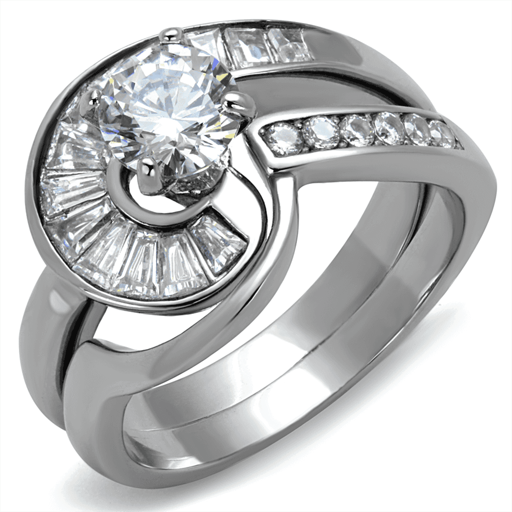 Stainless Steel CZ Round Baguette Swirl Wide Bridal Ring view 1