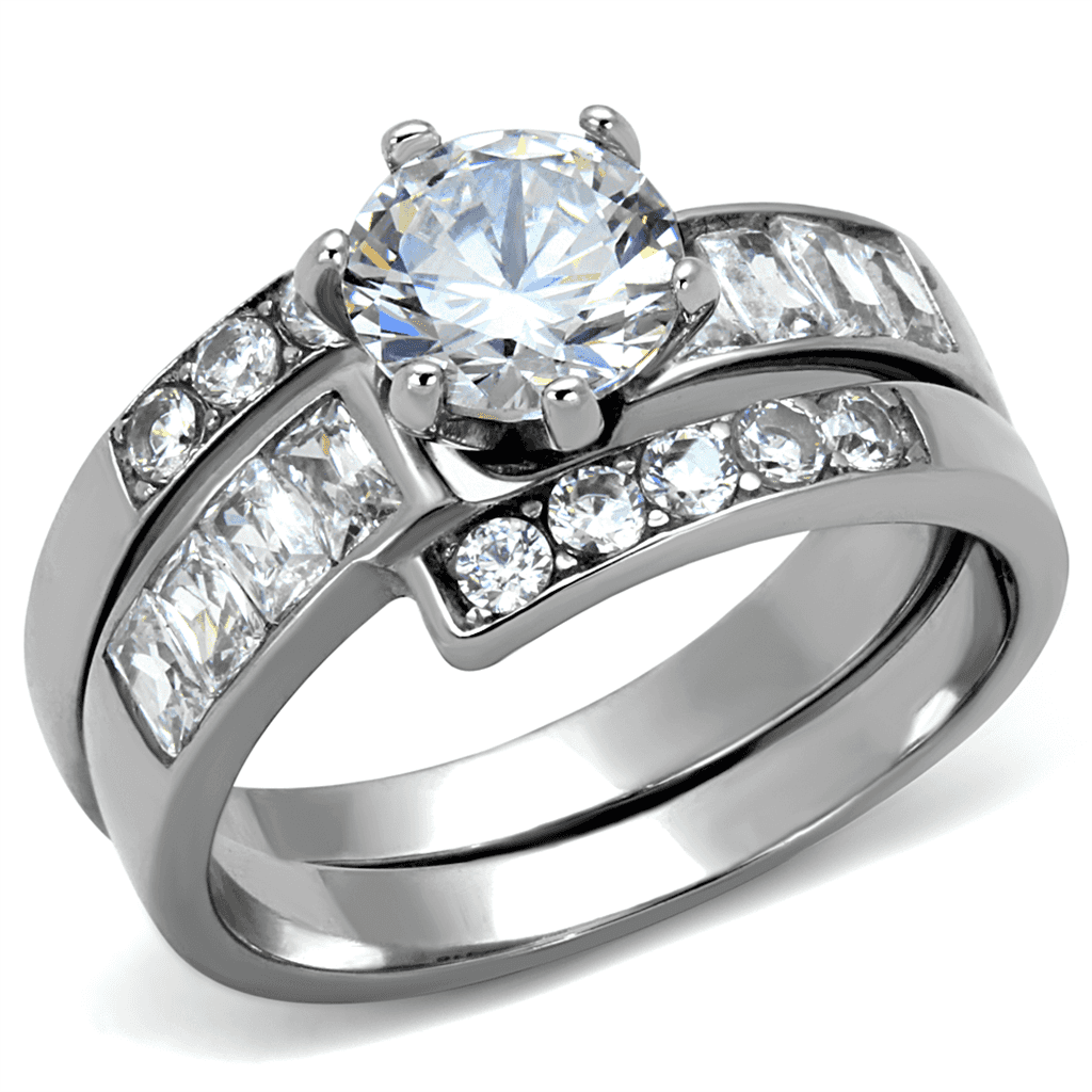 Stainless Steel CZ Round Baguette Channel Wide Bridal Ring view 1